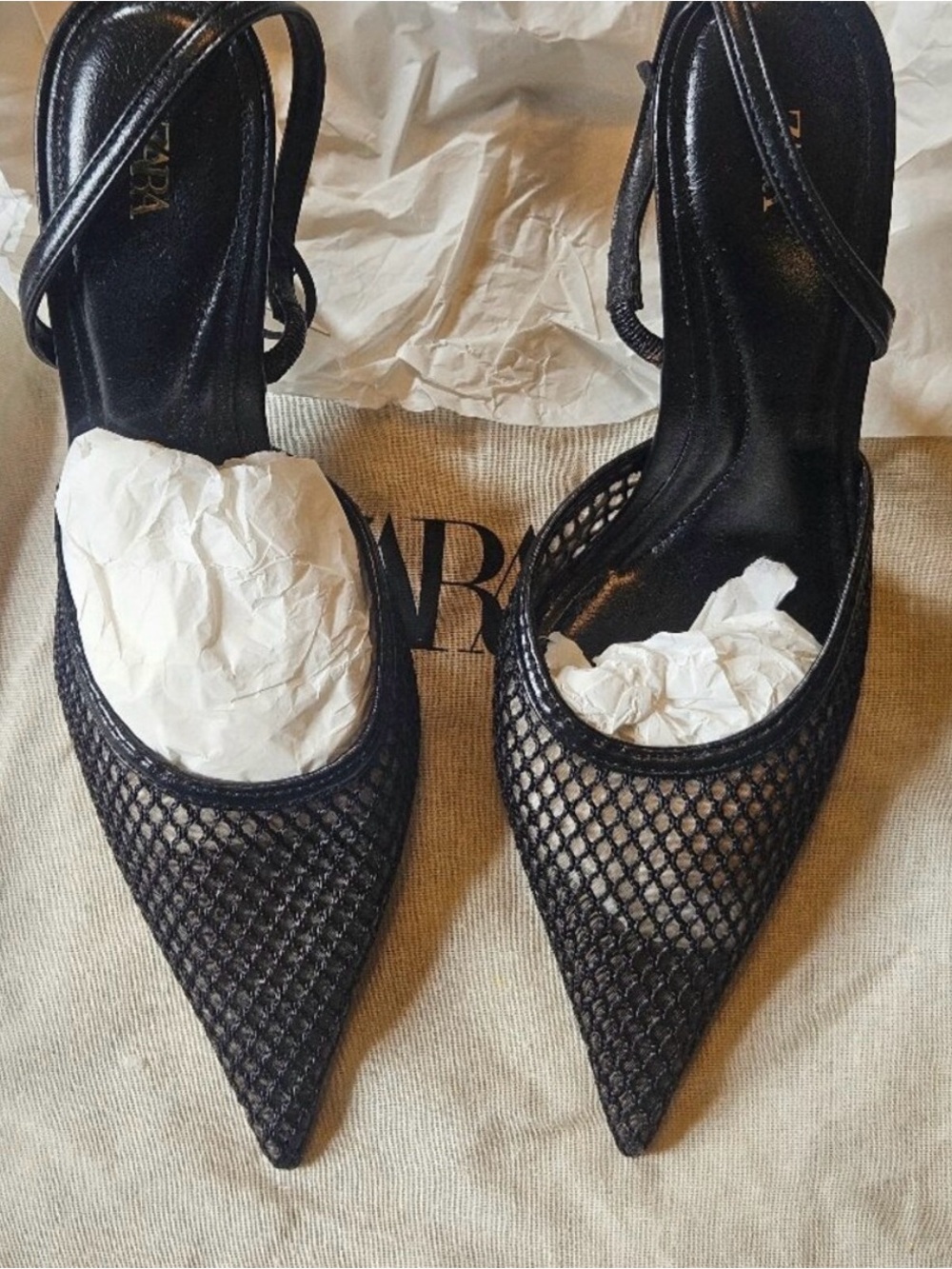 Zara Black Mesh Pointed Toe Slingback Heels - Picture 4 of 5